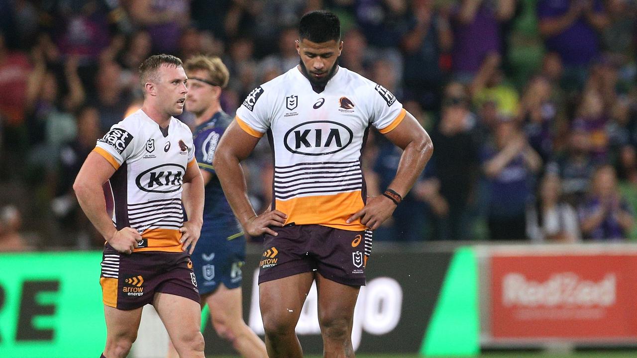 Payne Haas and Jake Turpin look dejected after giving up another try. Picture: Hamish Blair