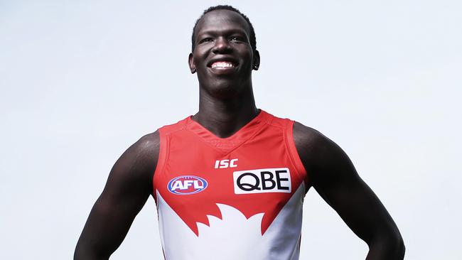 Sydney Swans defender Aliir Aliir has been cited in a speech to the United Nations by Prime Minister Malcolm Turnbull. Picture. Phil Hillyard