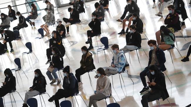 Thousands of Year 12 HSC students begin to get their Pfizer vaccinations at the Mass Vaccination hub at in Sydney. Picture: AAP Image/Dean Lewins