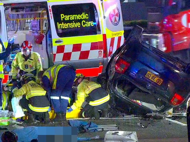 WARNING FEES APPLY, ONE TIME USE, NO ONSELL OR ON PASS, MUST CREDIT: TNV, Two people have died, and one other is in a critical condition following a crash in Greenacre tonight., About 7pm (Tuesday 28 May 2024), emergency services were called to the intersection of the Hume Highway and Worth Street, Greenacre, following reports of a crash between a car and motorcycle., NSW Ambulance paramedics treated the rider and pillion passenger of the motorcycle; however, they died at the scene., The driver of the vehicle was treated for serious injuries and taken to Westmead Hospital in a critical condition., A crime scene has been established as police investigate the circumstances surrounding the incident. Picture: TNV