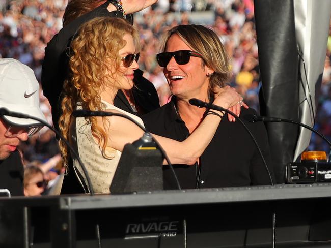 Nicole Kidman and Keith Urban at the Elton John concert at McDonald Jones Stadium during the Newcastle leg of his Farewell Yellow Brick Road Tour. Picture: Richard Dobson