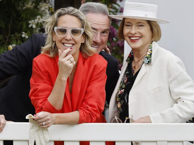 VRC Chairman Neil Wilson (centre) with VRC CEO Kylie Rogers (left) and trainer Gai Waterhouse. Picture: Michael Klein