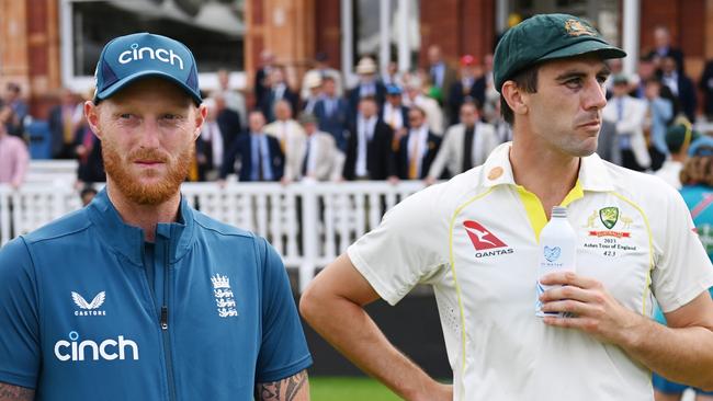 LONDON, ENGLAND - JULY 02: L-R: England captain, Ben Stokes of England and Australian captain, Pat Cummins of Australia waits for the post match presentation after Day Five of the LV= Insurance Ashes 2nd Test match between England and Australia at Lord's Cricket Ground on July 02, 2023 in London, England. (Photo by Gareth Copley/Getty Images)