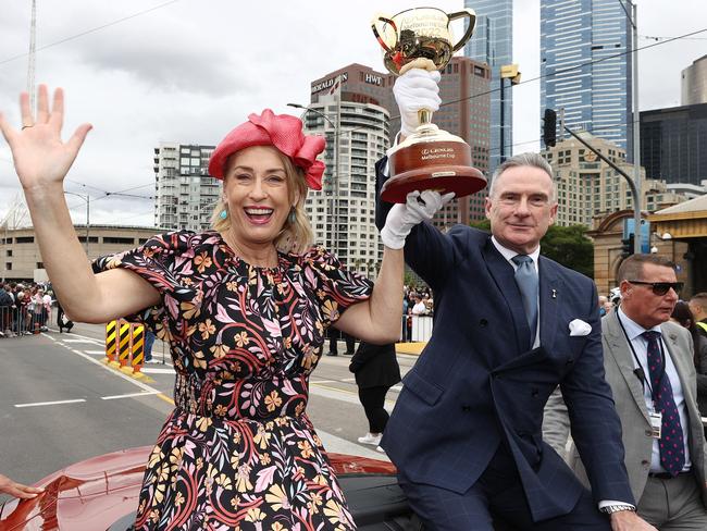 Former Lord Mayor Sally Capp and Victoria Racing Club chairman Neil Wilson during the 2022 Melbourne Cup Parade. Picture: Michael Klein