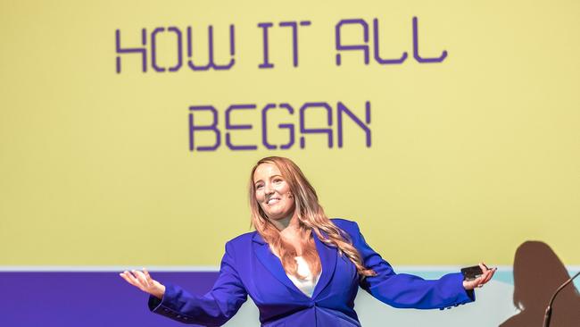 Launceston-born AI technologist Amanda Johnstone delivers the keynote speech at TasICT's International Women's Day event at Wrest Point in March, 2024. Picture: Paul Guo