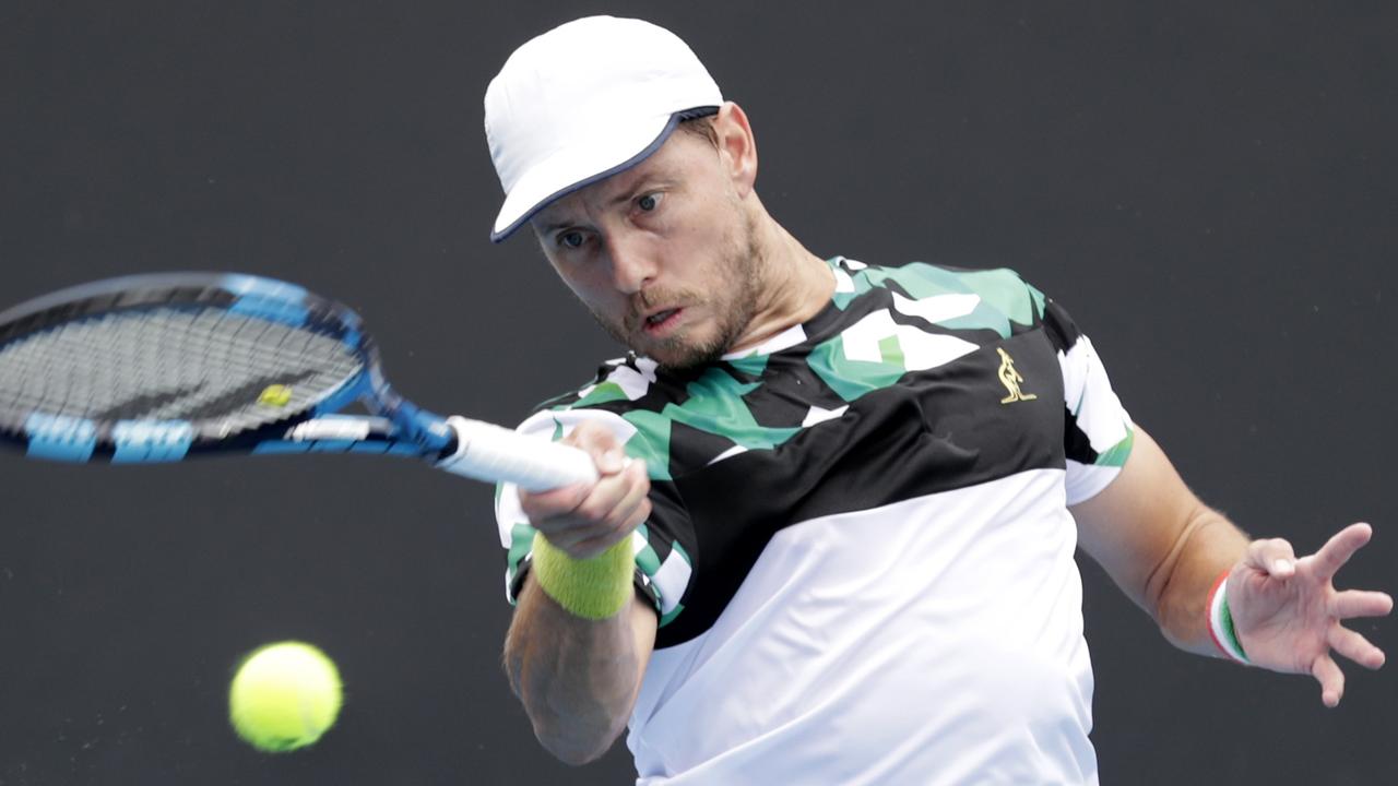 James Duckworth plays a forehand on his way to losing to France’s Adrian Mannarino in five sets. Picture: Getty Images