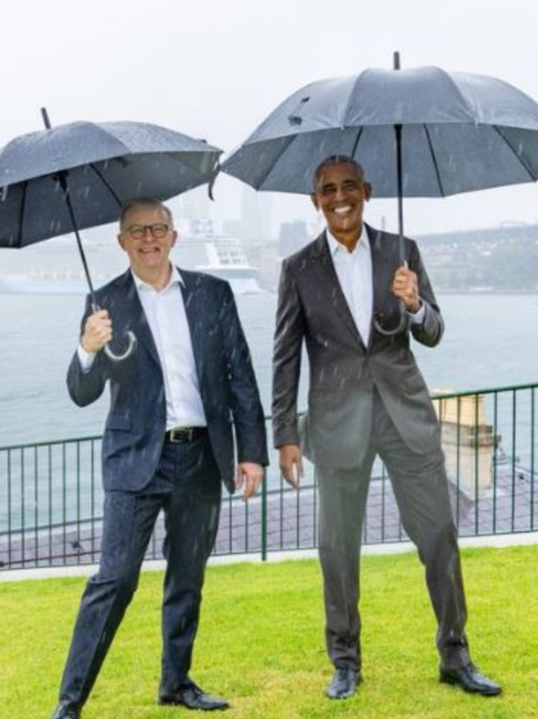 PM Anthony Albanese pictured with former US President Barack Obama in Sydney. Picture: Twitter/@AlboMP