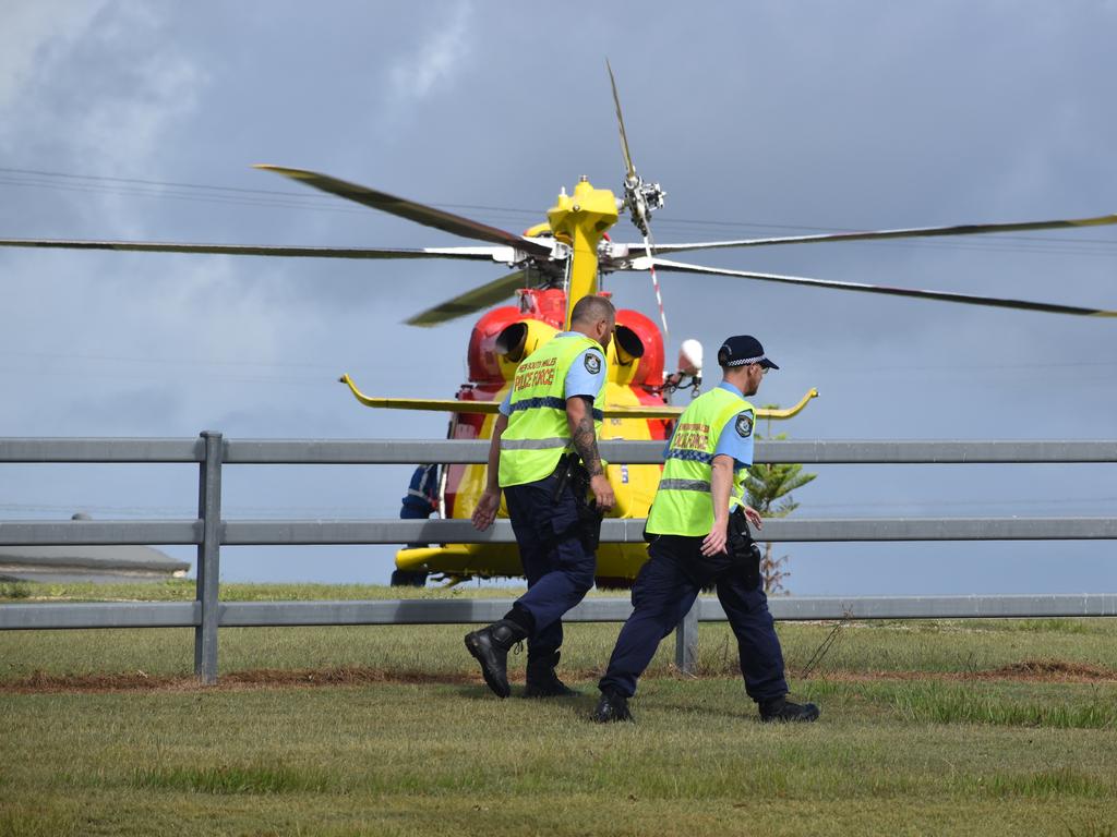 The Westpac Rescue Helicopter landed in a nearby paddock after a man was seriously injured in a single vehicle crash on Rogans Bridge Rd north of Waterview Heights on Thursday, 18th February, 2021. Photo Bill North / The Daily Examiner