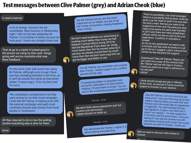 Text message conversations between Clive Palmer and his former candidate Adrian Cheok.