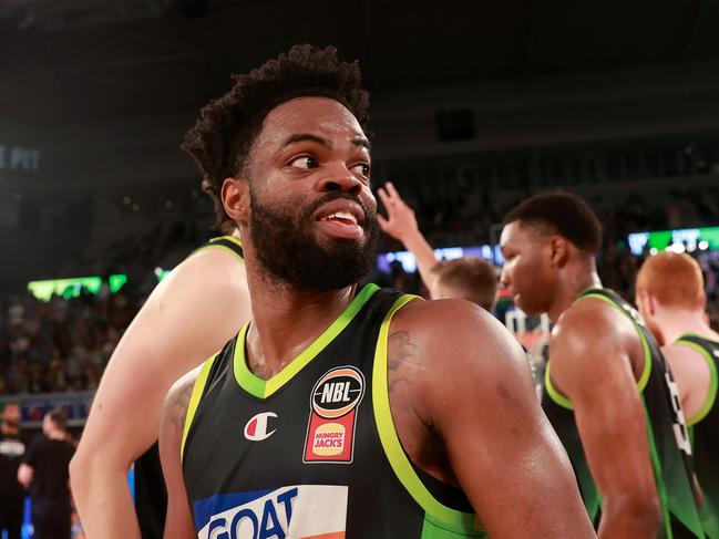 Derrick Walton Jr of the South East Melbourne Phoenix celebrates the win over Melbourne United in round 12 of the NBL. Picture: Kelly Defina/Getty Images