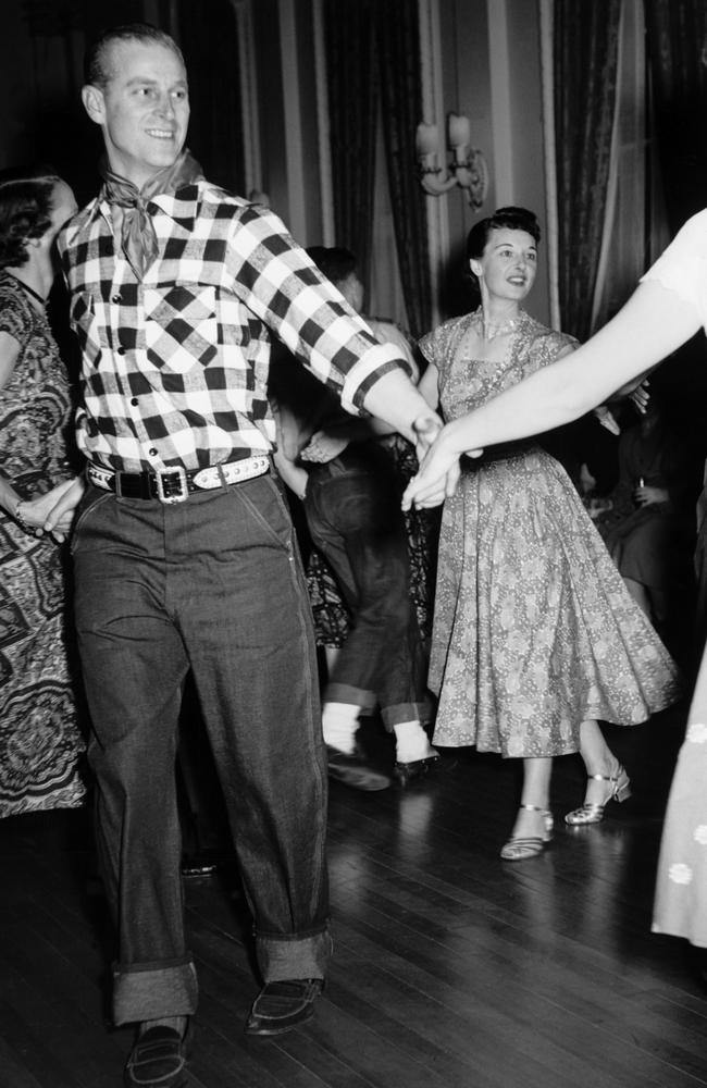 His Royal Highness Prince Philip, Duke of Edinburgh, enjoys an old-fashioned hoedown held in the honour of the Royal Couple at Rideau Hall, Ottawa, Ontario, Canada, October 11, 1951 Picture: Frank Royal/NFB/Getty Images