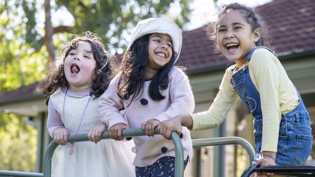 CANTERBURY-BANKSTOWN EXPRESS. Uniting Dove Cottage Early Learning among best in NSW. Kids from the centre Safiya Tlais 5, Enayaa Mahmud 5 and Leilani Lutui 5photographed today 11th September 2019. (AAP/Image Matthew Vasilescu)