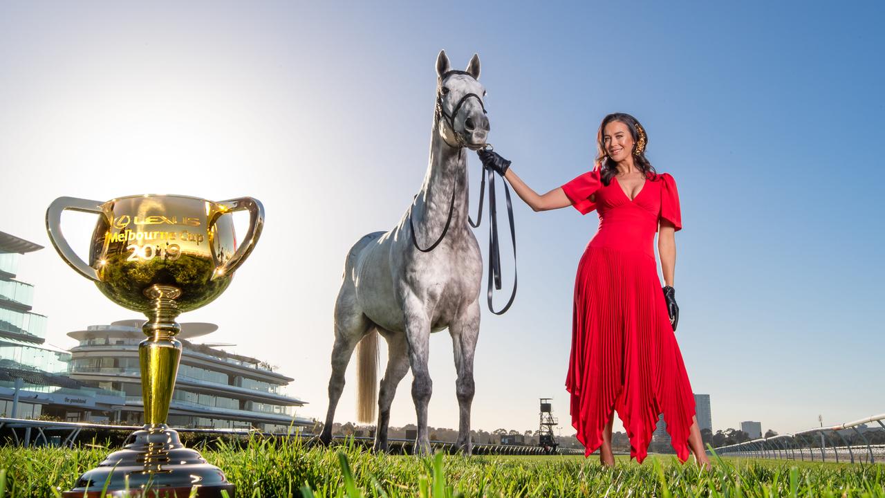 Megan Gale was at Flemington last year. She won’t be back for Melbourne Cup Day this week. Picture: Jason Edwards