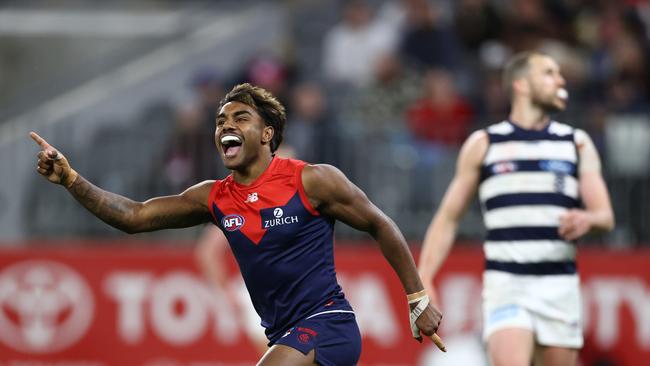 Kysaiah Pickett of the Demons enjoys a last quarter goal. Picture: Michael Klein