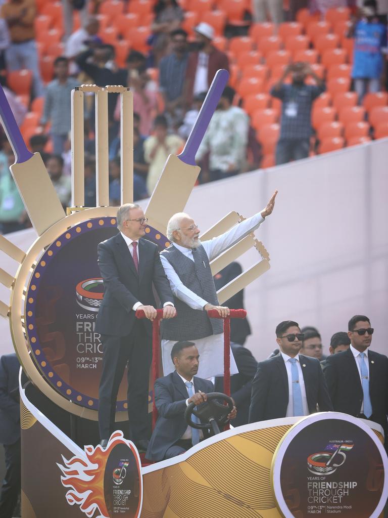 Prime Minister Anthony Albanese and Indian Prime Minister Narendra Modi did a lap of honour during day one of the fourth test match in the India/Australia series. Picture: Robert Cianflone/Getty Images