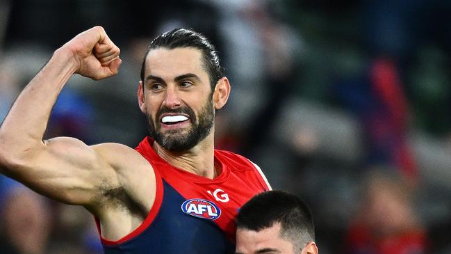 MELBOURNE, AUSTRALIA - JUNE 12: Brodie Grundy of the Demons is congratulated by Alex Neal-Bullen after kicking a goal during the round 13 AFL match between Melbourne Demons and Collingwood Magpies at Melbourne Cricket Ground, on June 12, 2023, in Melbourne, Australia. (Photo by Quinn Rooney/Getty Images) *** BESTPIX ***