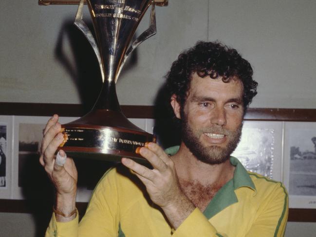 Australian cricket captain Greg Chappell holding the World Series Cup in 1981. Picture: Getty