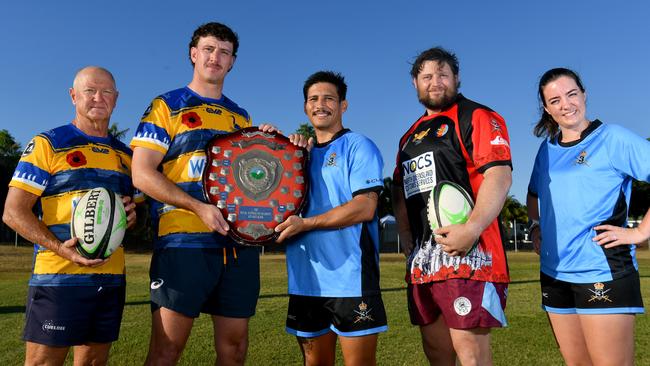 Chris Caleo, Toby Paynter, Corporal Orion Dehvilland, LAC Steven Goldsmith and Lieutenant Rayne Sweet are set for the TDRU Remembrance Day Charity Match at Mike Carney Toyota Park. Picture: Evan Morgan