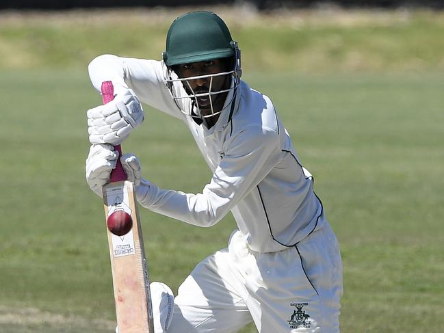 Tim Sugumar in action during the VSDCA Bayswater v Balwyn cricket match in Bayswater, Saturday, Oct. 13, 2018.  Picture: Andy Brownbill