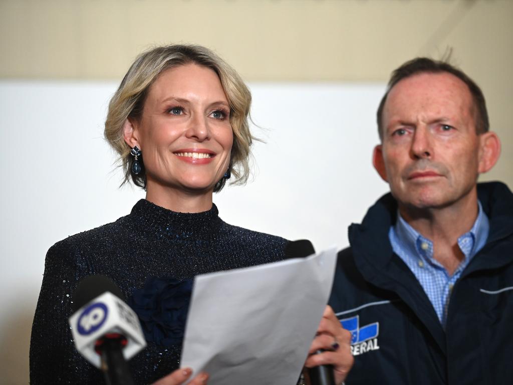 Katherine Deves and Former Prime Minister Tony Abbott. Picture: Jeremy Piper