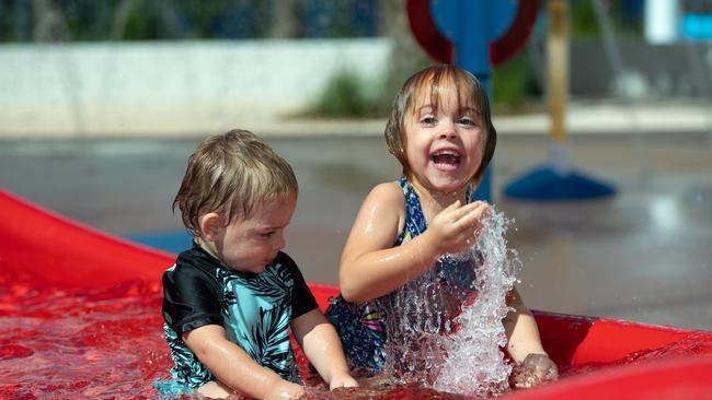 Siblings Isiah and Scarlet Birks clearly love the children’s playground. Picture: Monique Harmer