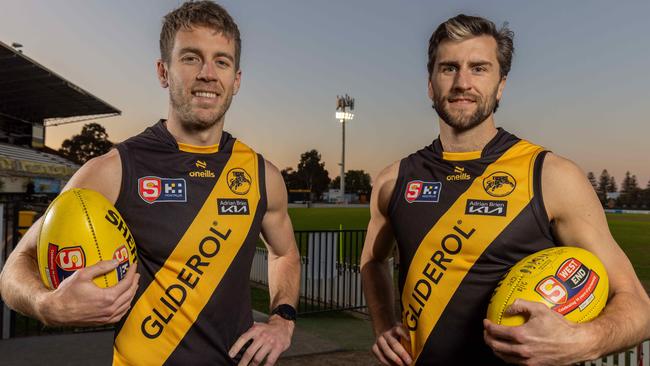 Chris Curran (left) and Max Proud before training at the Bay in the lead-up to Sunday’s SANFL grand final. Picture: Ben Clark