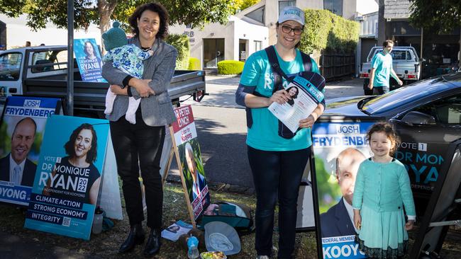 Monique Ryan, left, campaigns in Kooyong on Tuesday. Picture: Simone Schroeder