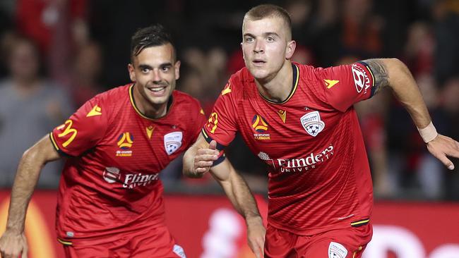 Riley McGree celebrates after scoring for Adelaide. Picture: Sarah Reed