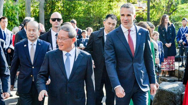 Chinese Premier Li and SA Premier Peter Malinauskas at the panda enclosure at Adelaide Zoo. Picture: NewsWire/Brenton Edwards