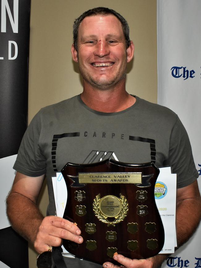 Mark Ensbey, sporting a broken nose from cricket earlier in the day, accepted the Grafton Shoppingworld Junior Male Sportsperson of the Year Award on behalf of his son Hayden at the 2020 Clarence Valley Sports Awards at Grafton District Services Club on Saturday, 14th November, 2020. Photo Bill North / The Daily Examiner