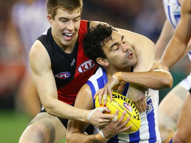 Lindsay Thomas draws a high free kick against Essendon. Picture: Michael Klein