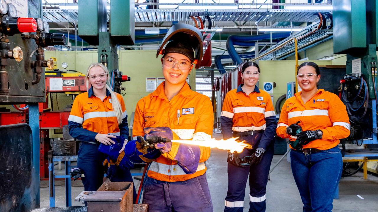 BHP Mitsubishi Alliance new apprentices are the most diverse group yet. Nearly two thirds of the class of 2022 are women and more than a third are indigenous. Sophie Chisholm, 22, Angela Mills (3rd year apprentice) Rory Muller, 18, and Jaila Paniora, 19. Picture: Luke Marsden