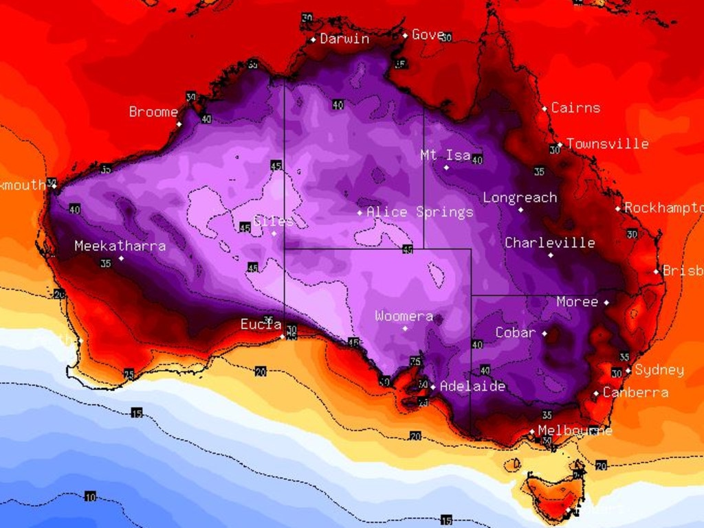 The purple patches are areas above 40C which includes Adelaide and Melbourne are over the next 36 hours. Picture: BSCH