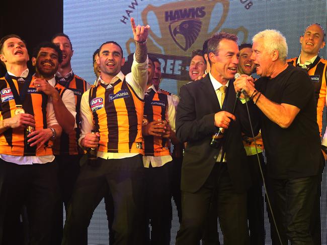 Hawthorn’s go-to anthem: ‘Horses’ feat. Clarko with Daryl Braithwaite after their 2015 grand final win. Picture: David Crosling.