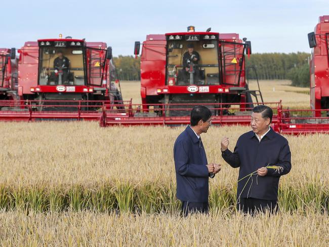 In this Tuesday, Sept. 25, 2018, photo released by China's Xinhua News Agency, Chinese President Xi Jinping, right, visits a farm in Jiansanjiang in northeastern China's Heilongjiang province. Xi was on an inspection tour of the region as China has slapped tariffs on U.S. agricultural imports and looked to increase farming self-sufficiency amid a growing trade war with the United States. (Xie Huanchi/Xinhua via AP)