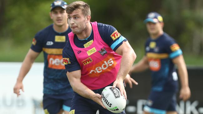 GOLD COAST, AUSTRALIA — MARCH 28: Jai Arrow passes during a Gold Coast Titans NRL training session on March 28, 2019 in Gold Coast, Australia. (Photo by Chris Hyde/Getty Images)