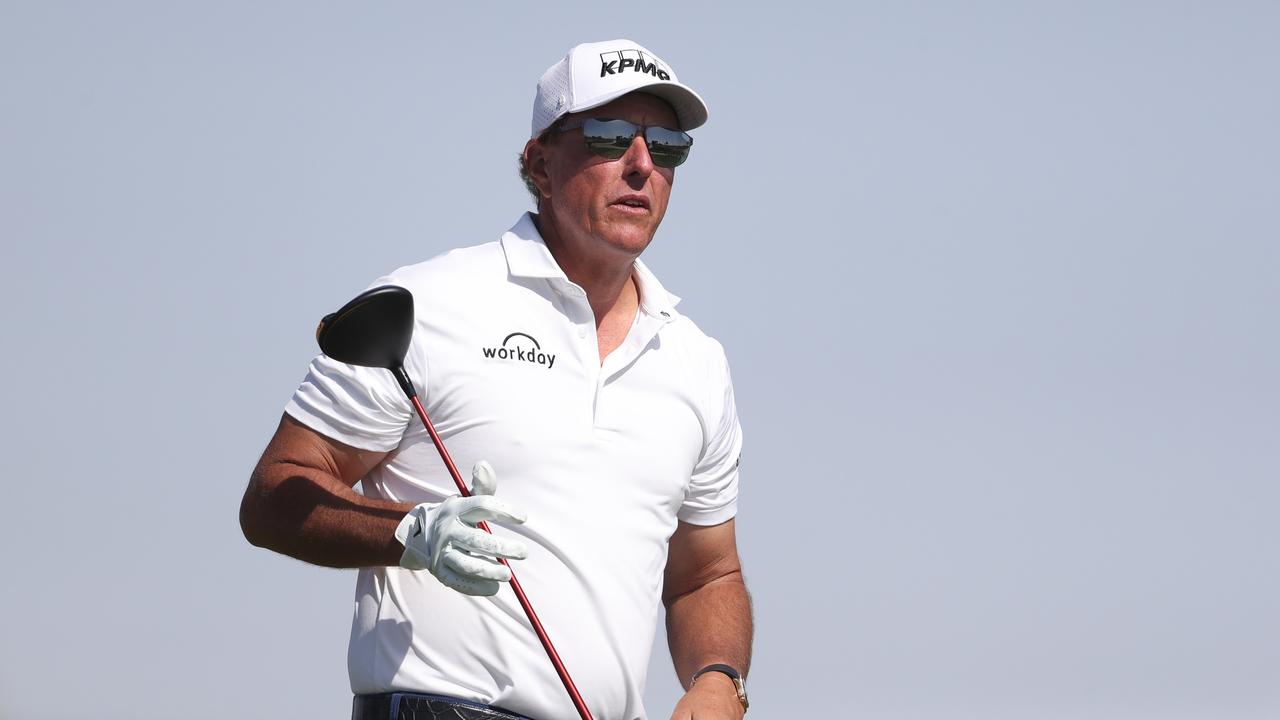 AL MUROOJ, SAUDI ARABIA - FEBRUARY 05: Phil Mickelson of The USA tees off the 14th hole during day three of the PIF Saudi International at Royal Greens Golf &amp; Country Club on February 05, 2022 in Al Murooj, Saudi Arabia. (Photo by Oisin Keniry/Getty Images)