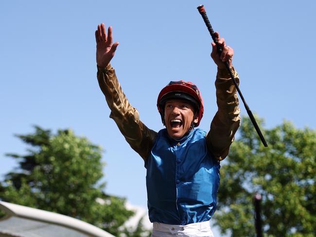 ASCOT, ENGLAND - JUNE 22: Frankie Dettori riding Courage Mon Ami celebrates winning The Gold Cup during day three of Royal Ascot 2023 at Ascot Racecourse on June 22, 2023 in Ascot, England. (Photo by Alex Pantling/Getty Images)