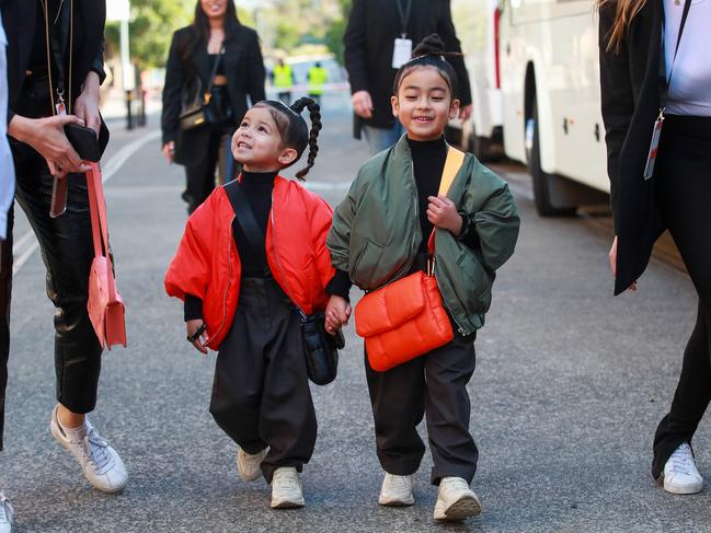 Sister mini influencers Tatiana, 3, and Mia Escalante, 5, who are 3 years and 5 years old, at the Next Gen show during Afterpay Australian Fashion Week, Sydney, today. Picture: Justin Lloyd.