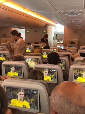 Plane passengers tune into the Women's World Cup … except for one person who watched Lord of the Rings. Picture: Jacqueline Felgate/Twitter