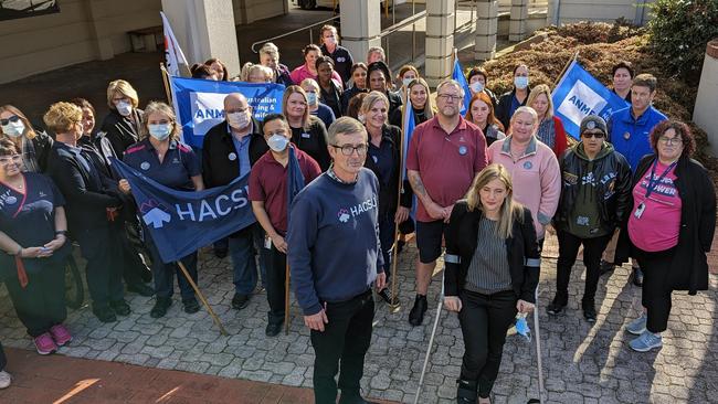 HACSU Tasmania assistant secretary Lucas Digney and ANMF Tasmania secretary Emily Shepherd at stop-work action at Launceston General Hospital on May 29, 2023. Picture: Alex Treacy