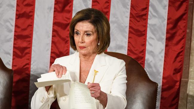 Speaker of the US House of Representatives Nancy Pelosi was seen ripping up her copy of Trump’s State of the Union address. Picture: Mandel Ngan/AFP