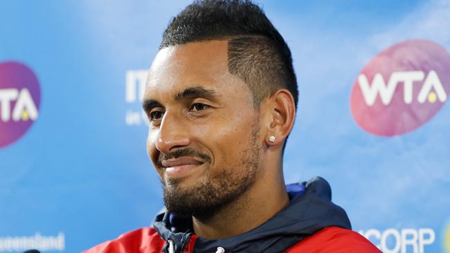 Nick Kyrgios speaks to media at the Brisbane International Tennis Tournament in Brisbane, Monday, January 1, 2018. (AAP Image/Glenn Hunt) NO ARCHIVING, EDITORIAL USE ONLY