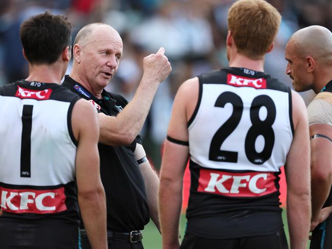 ADELAIDE, AUSTRALIA - MARCH 22: Ken Hinkley, Senior Coach of the Power during the 2025 AFL Round 02 match between the Port Adelaide Power and the Richmond Tigers at Adelaide Oval on March 22, 2025 in Adelaide, Australia. (Photo by James Elsby/AFL Photos via Getty Images)