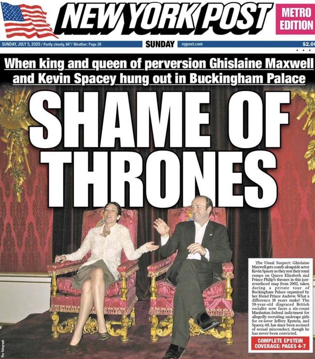 New York Post front page shows Ghislaine Maxwell and Kevin Spacey at Buckingham Palace. Picture: NY Post