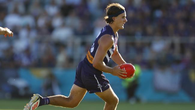 PERTH, AUSTRALIA - MARCH 02: Murphy Reid of the Dockers runs across the ground during the 2025 AAMI AFL Community Series match between Fremantle Dockers and Melbourne Demons at Rushton Park on March 02, 2025 in Mandurah, Australia. (Photo by James Worsfold/AFL Photos/via Getty Images)