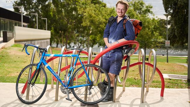 Cyclist, David Apps with one of the bike art installations in Adelaide, as part of the Adelaide City Bike Art Trail. Picture: Matt Loxton