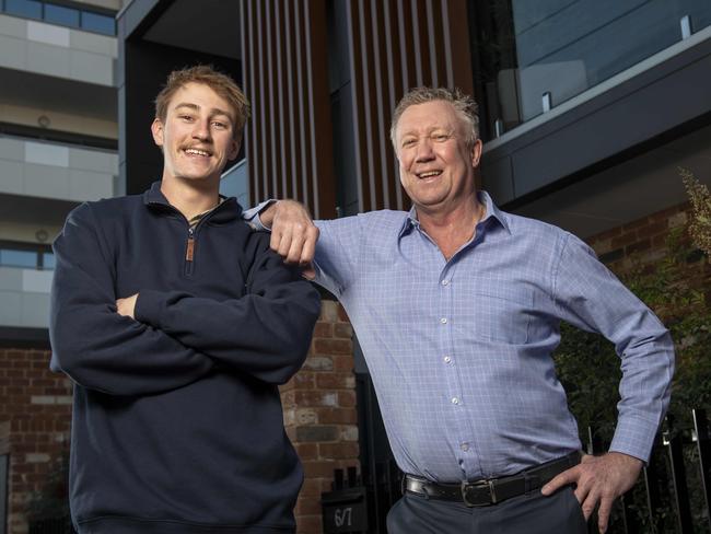 4/7/22 - Former Glenelg footballer Tony Symonds and his son Clayton for a SMARTdaily story about rising interest rates affecting the Bank of Mum and Dad, and how parents can help their adult children manage higher mortgage costs. Picture: Naomi Jellicoe