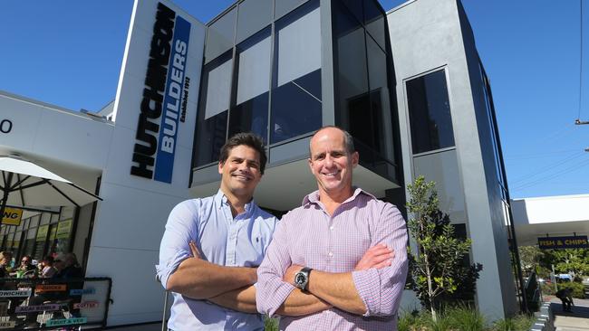 Hutchinson Builders co-managers Levi Corby and Paul Dart pictured outside their new headquarters at 90-100 Griffith St, Coolangatta. Picture: Glenn Hampson