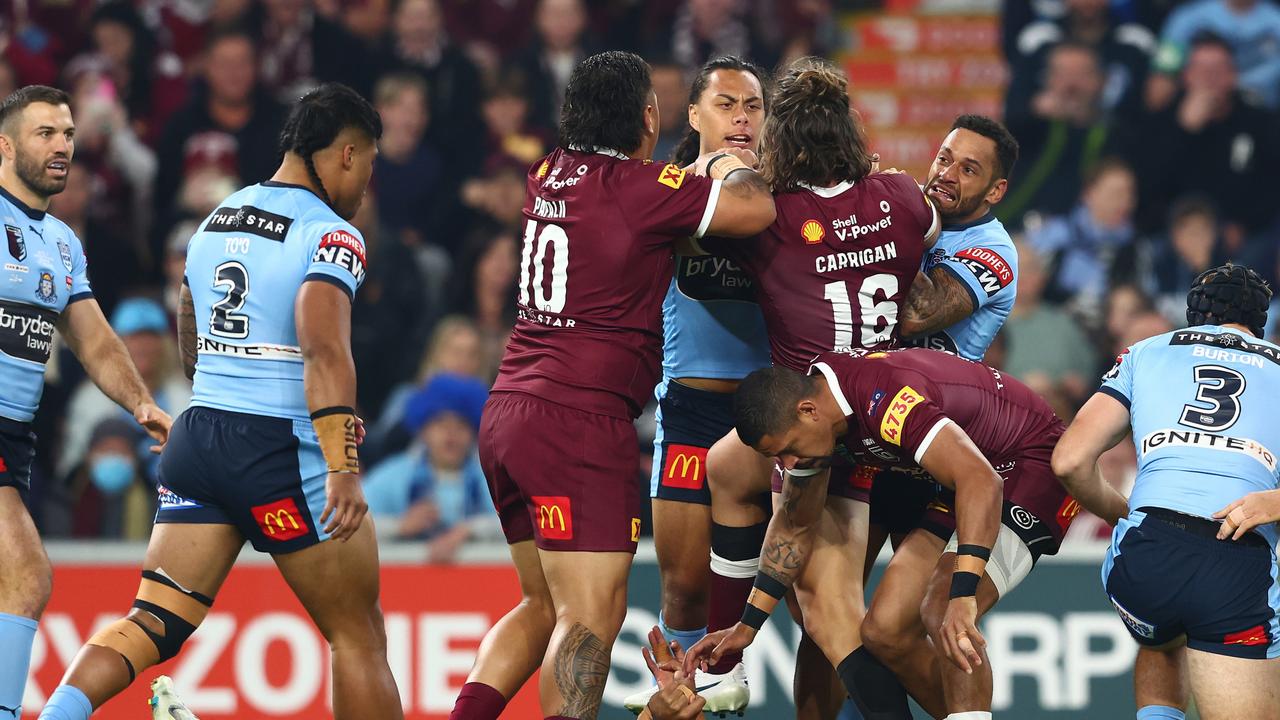 The Maroons weren’t happy with Luai. (Photo by Chris Hyde/Getty Images)